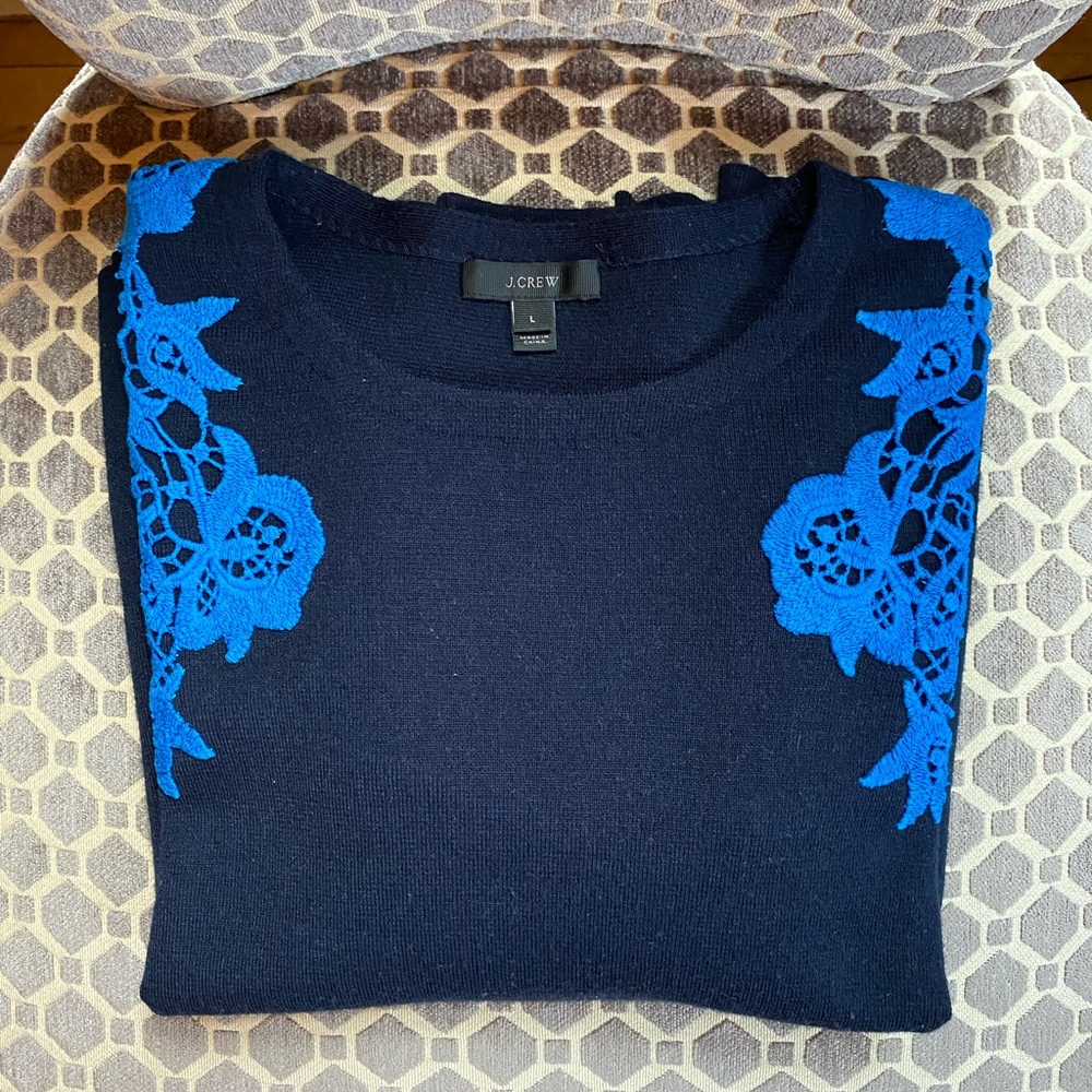 J Crew Navy blue sweater size L with lace trim
